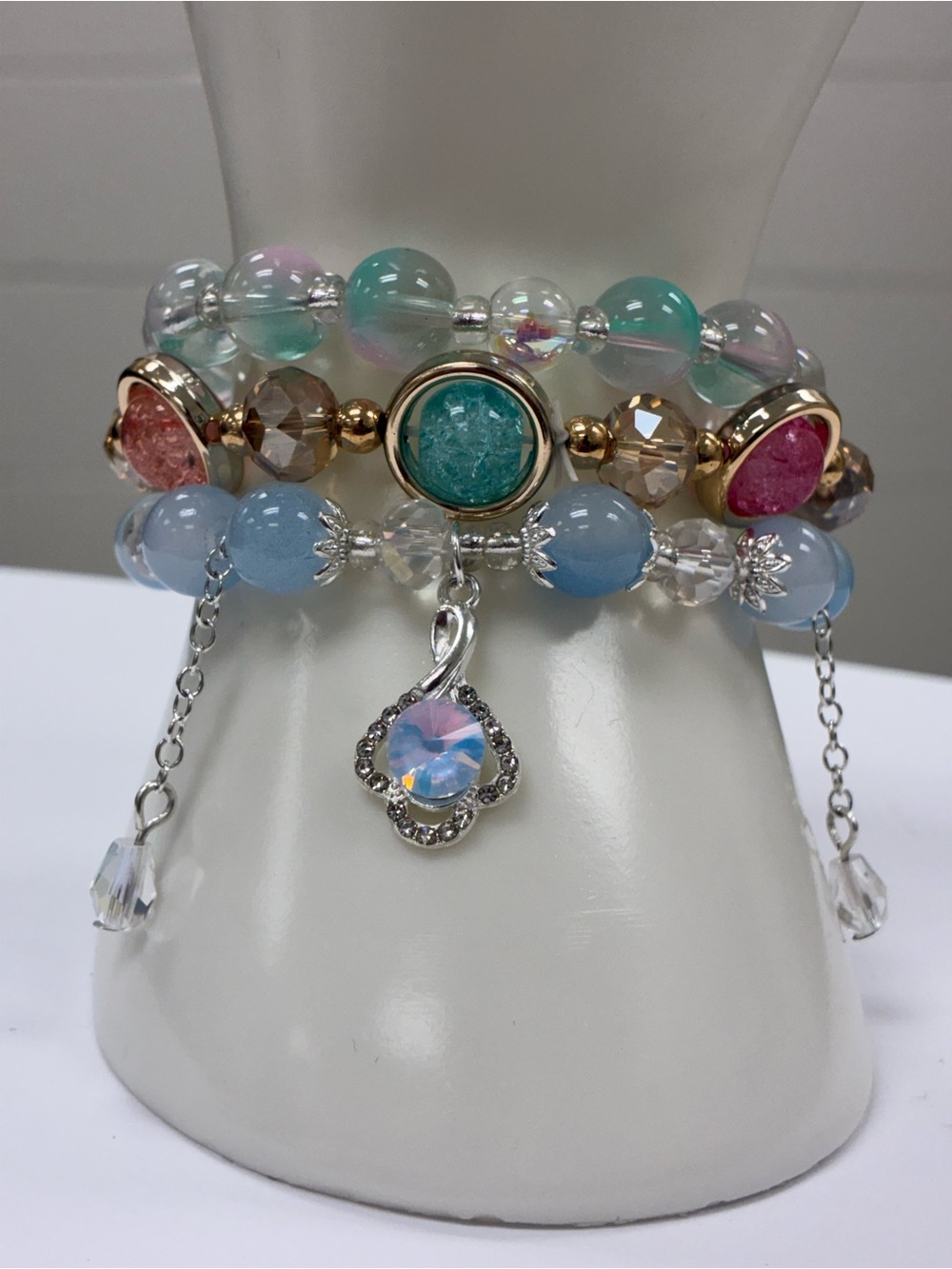 Multicolor Pastel Crystal Bead Stackable Bracelet Set with Crystal Charm